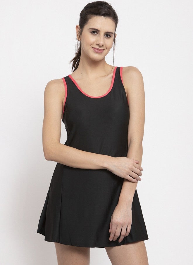 CUKOO Women Solid Black & Neon Pink Border Single Piece Swimwear with Attached Shorts - Image 1